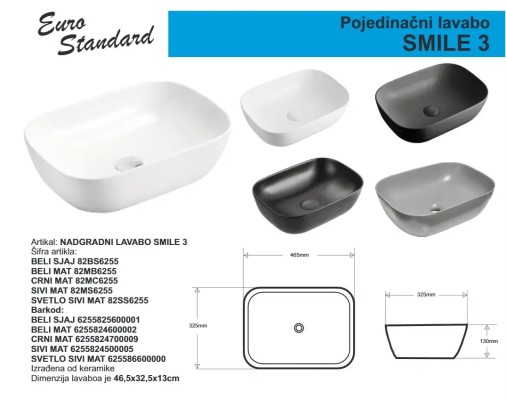LAVABO SMILE 3 E-6255 BELI MAT